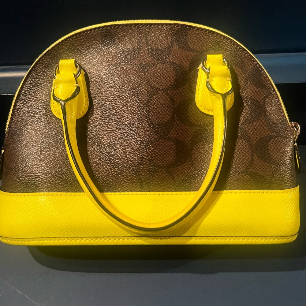 Coach Brown Signature Dome Satchel with Neon Green Trim